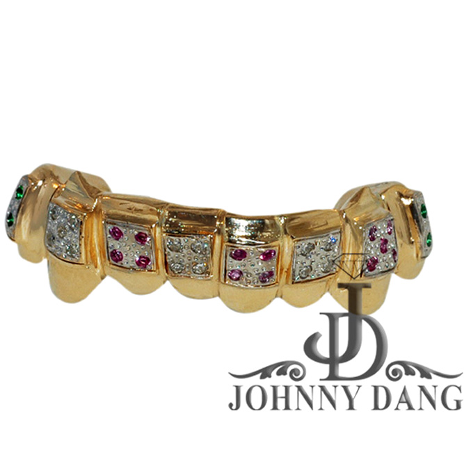 C0001 - Pave set Red Ruby, Green Emerald and White Diamond Grill