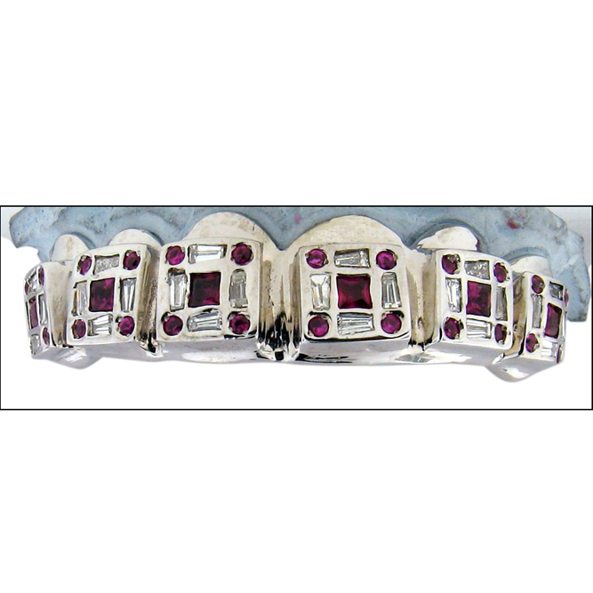 c2114- Red Ruby and White Baguette Diamond Grill