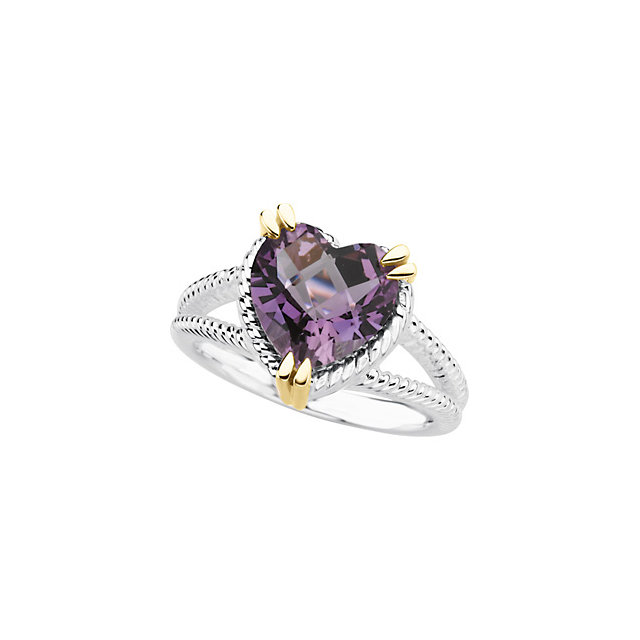 JDSP-67166 Sterling Silver & 14K Yellow Heart Amethyst Rope Ring