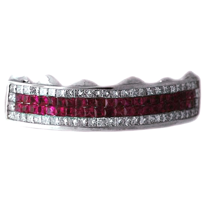 S103 White Princess Cut  Diamonds and Red Ruby Grill