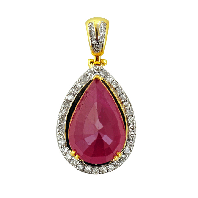 P141119-3 Custom Pear shaped Red Ruby & Diamond Pendant